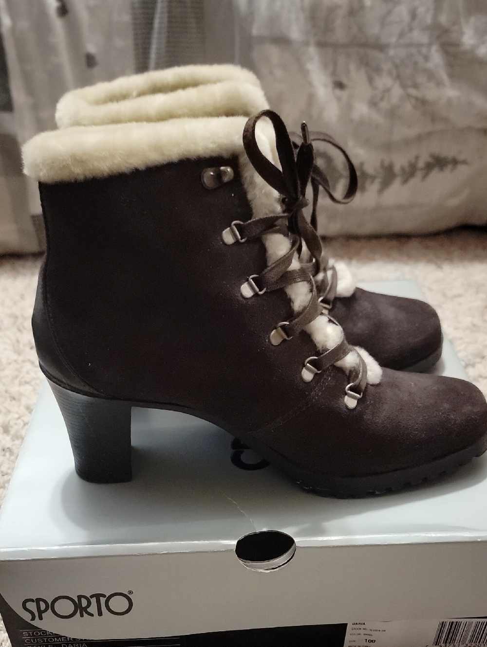 Sporto Brown Suede Shearling Lace-Up Heel Boots